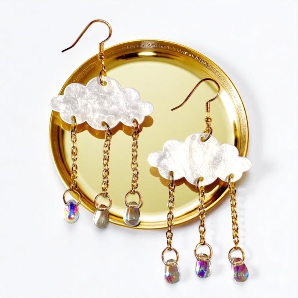 Rain Cloud Crystal Dangle Earrings Whimsical Cloud Raindrop Statement Jewelry